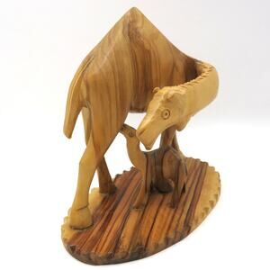 Vintage Olive Wood Camel Figurine with Baby 5" Hand Carved Animal Sculpture